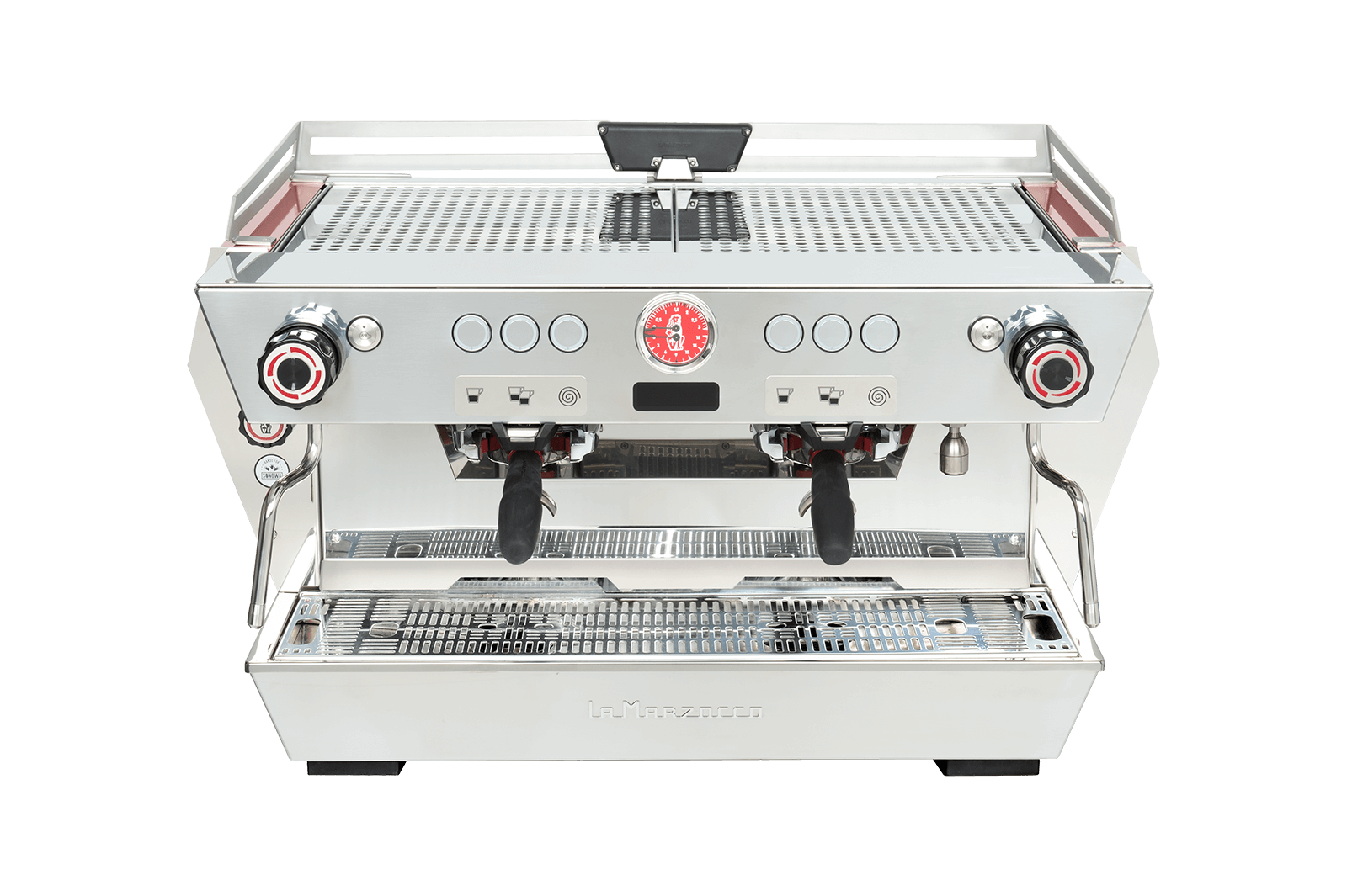 La Marzocco KB90 two group auto-volumetric espresso machine with straight-in portafilters, front view