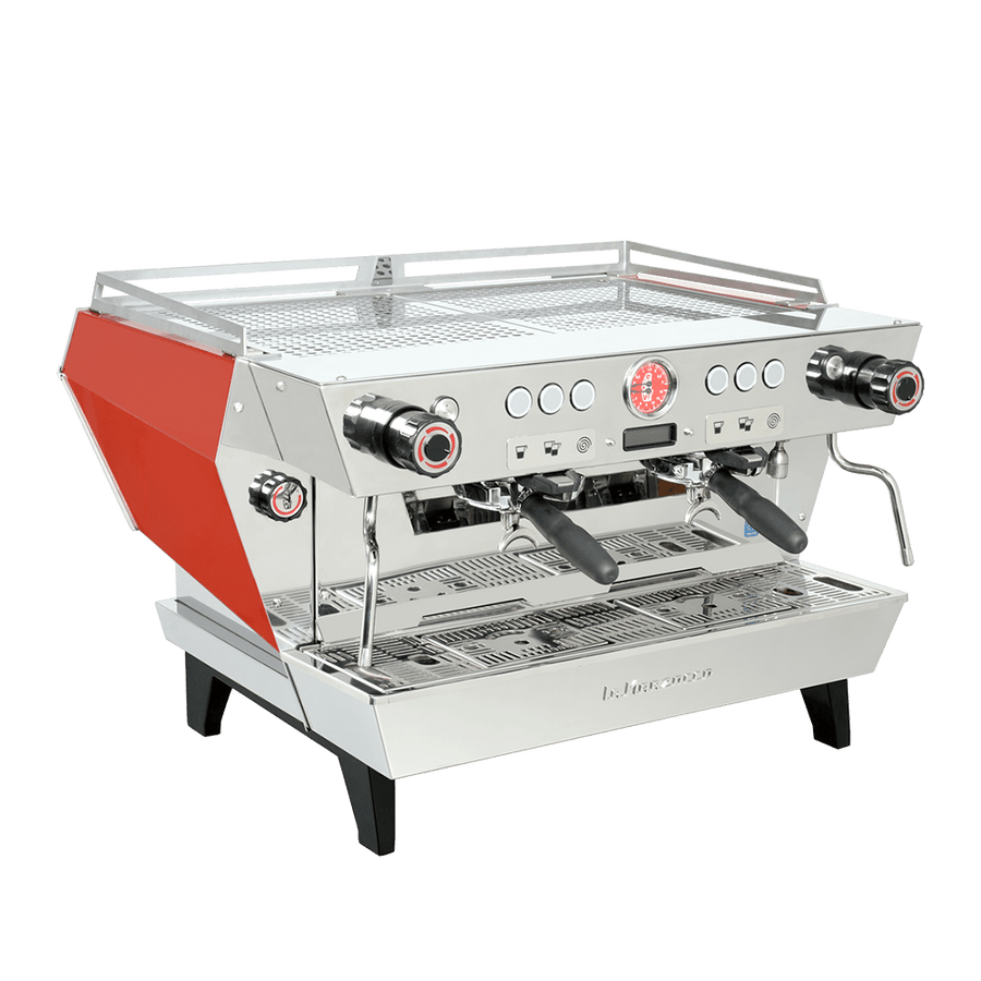 La Marzocco KB90 two group auto-volumetric espresso machine with straight-in portafilters, front view